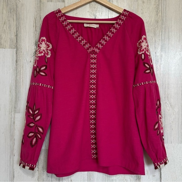 Tory Burch Theresa Hibiscus Embroidered Cotton Tunic Blouse Bright Pink Size 6 - Picture 3 of 13